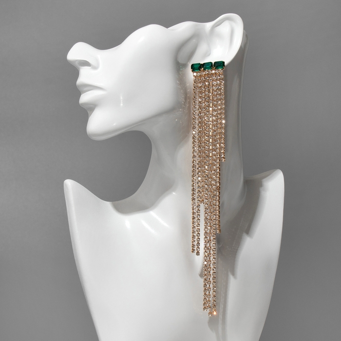 Серьги висячие со стразами «Мулен Руж» водопад, цвет бело-зелёный в золоте, 19 см