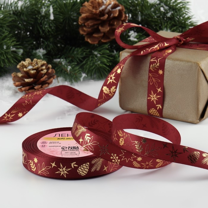 Новый год! Лента атласная с тиснением «Рождественское чудо», 15 мм, 23 ± 1 м, цвет бордовый/золотой №048 Новый год! Лента атласная с тиснением «Рождественское чудо», 15 мм, 23 ± 1 м, цвет бордовый/золотой №048