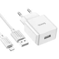 Сетевое зарядное устройство Hoco C106A, 1 USB, 2.1 А, кабель Lightning - USB, 1 м, белое