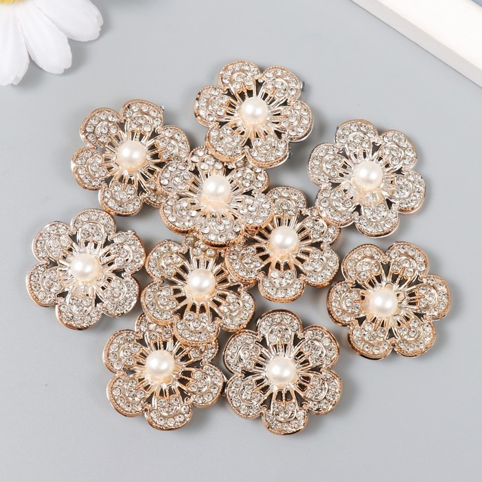 Декор для творчества пластик, стразы "Золотой цветок с бусиной" набор 10 шт 3х3 см