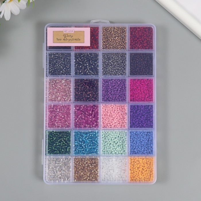 Бисер стекло 12/0 в шкатулке  Бисер стекло 12/0 в шкатулке "Яркий" 24 цвета 19х13,5х1,8 см
