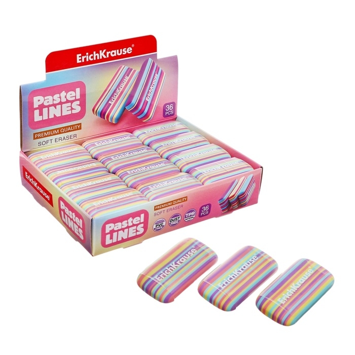 Ластик ErichKrause Ластик ErichKrause "Pastel Lines", термопластичная резина, мягкий, 44.3 х 25 х 10 мм, микс