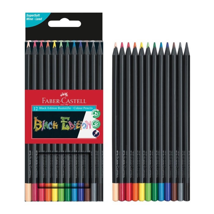 Карандаши цветные Faber-Castell Black Edition 12 цветов, cверхмягкий грифель, трехгранные, чёрное дерево, в картонной коробке, 116412 Карандаши цветные Faber-Castell Black Edition 12 цветов, cверхмягкий грифель, трехгранные, чёрное дерево, в картонной коробке, 116412