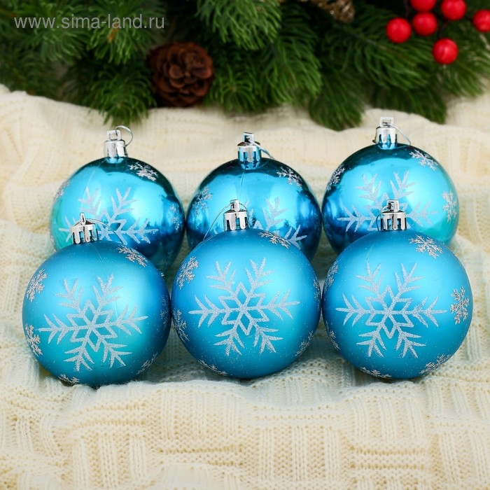 Набор шаров пластик d-7 см, 6 шт Набор шаров пластик d-7 см, 6 шт "Снегопад" голубой