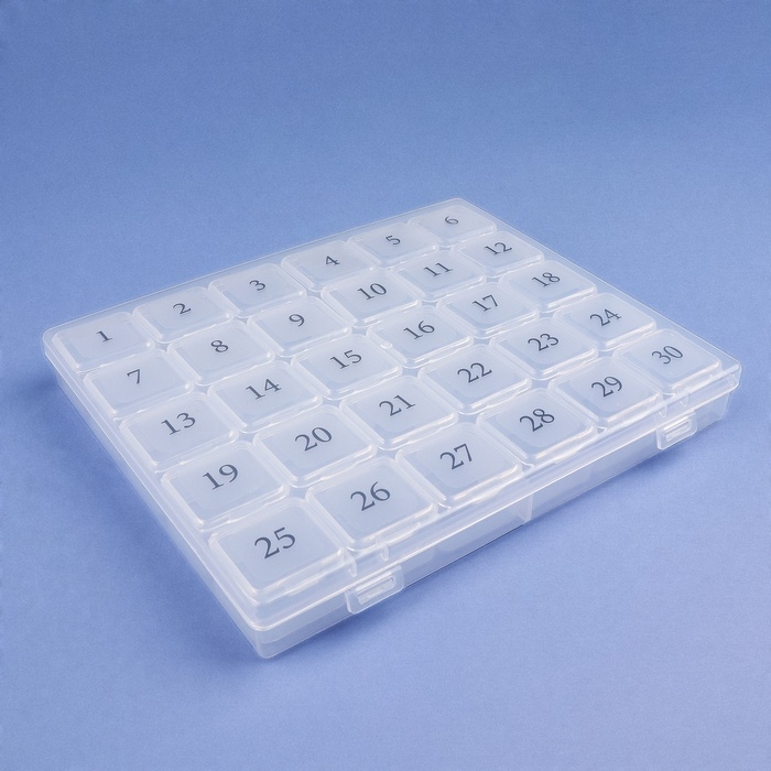 Таблетница - органайзер на месяц, 21,3 × 17,5 × 2,7 см, 30 секций, цвет прозрачный Таблетница - органайзер на месяц, 21,3 × 17,5 × 2,7 см, 30 секций, цвет прозрачный