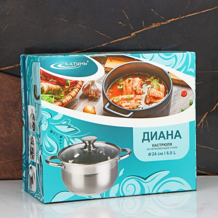 Кастрюля «Диана», 6 л, d=24 см, капсульное дно, стеклянная крышка, индукция Кастрюля «Диана», 6 л, d=24 см, капсульное дно, стеклянная крышка, индукция