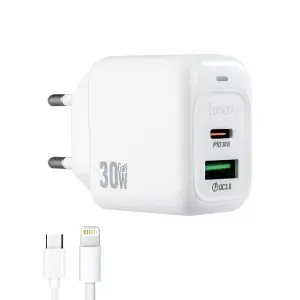 Сетевое зарядное устройство с кабелем Type-C на Lightning PD30W + USB QC3.0 CS55A HOCO белое