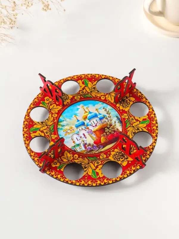 Подставка пасхальная на 8 яиц с хохломой №1. Д 20 см.