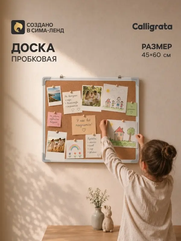 Доска пробковая, 45&times;60 см, в ПВХ рамке белого цвета, CALLIGRATA