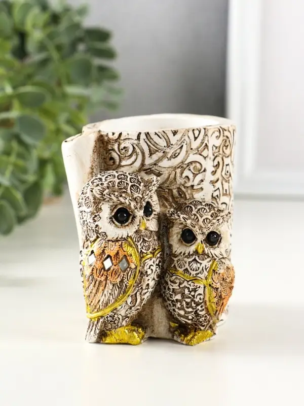 Фигурка-карандашница полистоун &laquo;Филины с орнаментом&raquo;, 6.5&times;8.5&times;9 см