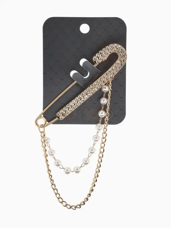 Булавка &laquo;Блеск&raquo; в стразах, цепочка, жемчуг, L=7.5 см, цвет белый в золоте