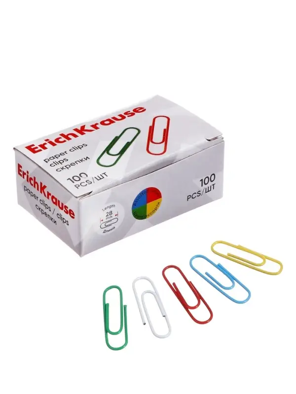 Скрепки канцелярские ErichKrause, 28 мм, 100 штук, цветные с виниловым покрытием, картонная упаковка, МИКС