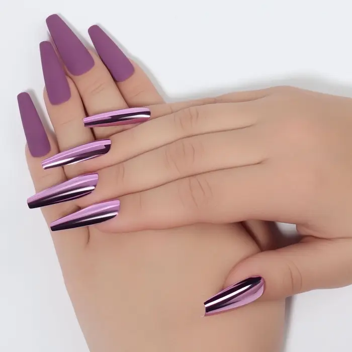 Накладные ногти, 12 шт, с клеевыми пластинами, форма балерина, матовый/хромированный, цвет сливовый/розовый