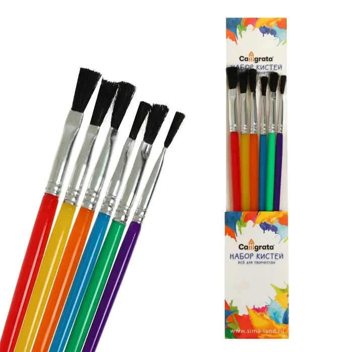Набор кистей для рисования, нейлон, 6 штук, плоские, пластиковые цветные ручки, международный размер