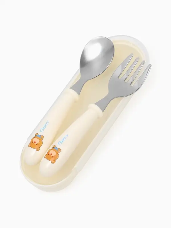 Набор детских столовых приборов в футляре: вилка, ложка Крошка Я бежевый Набор детских столовых приборов в футляре: вилка, ложка Крошка Я бежевый