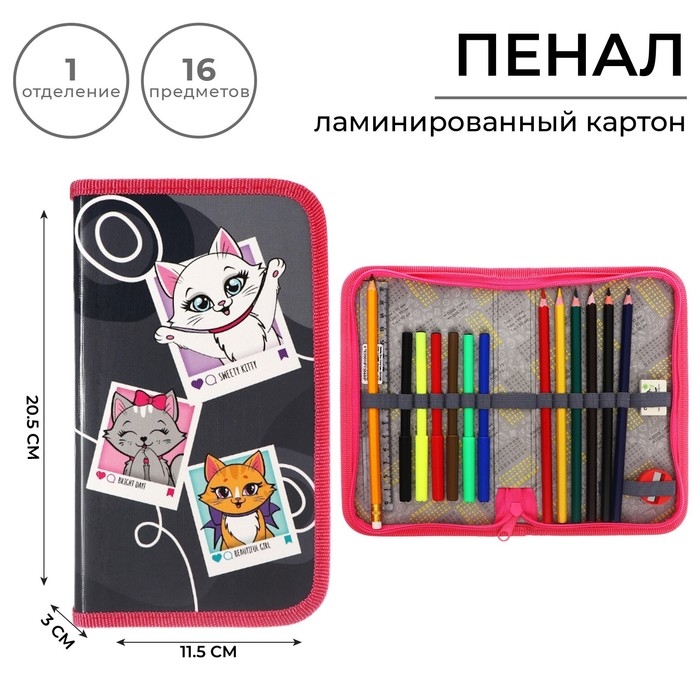 Пенал 1 секция, 115 х 205 мм, с наполнением 16 предметов, Calligrata Пенал 1 секция, 115 х 205 мм, с наполнением 16 предметов, Calligrata "Котята" ламинированный картон, 30П26/set