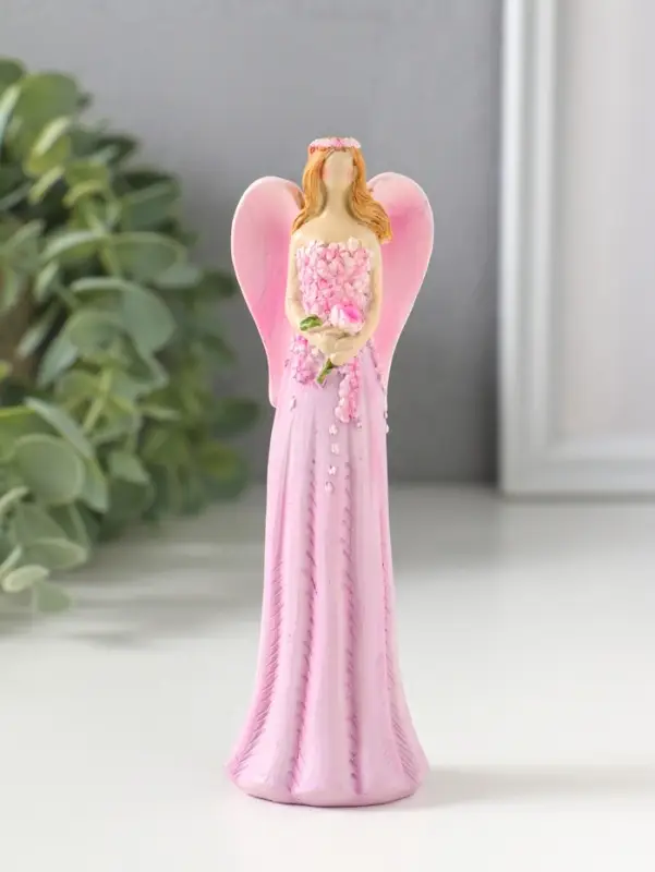 Сувенир полистоун "Девушка-ангел в розовом платье усыпанном цветами" 4х3,5х13 см