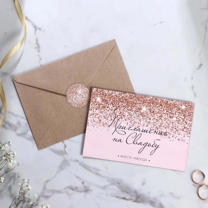 Приглашение на свадьбу в крафтовом конверте «Блестки», 10 х 15 см. Приглашение на свадьбу в крафтовом конверте «Блестки», 10 х 15 см.