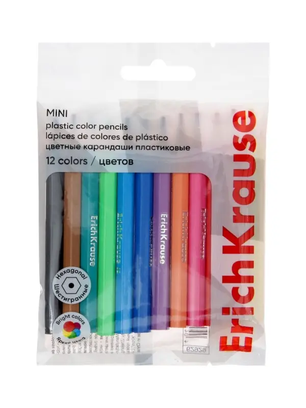 Карандаши- мини 12 цветов ErichKrause, пластиковые, шестигранные, с европодвесом