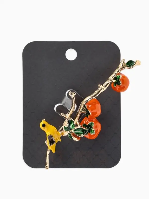 Брошь &laquo;Птица на ветке&raquo; хурма, цвет оранжевый в золоте