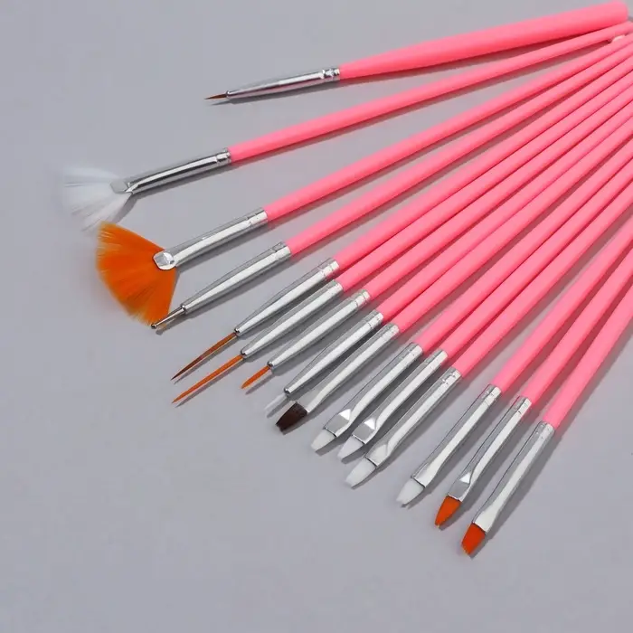 Набор кистей для наращивания и дизайна ногтей, 15 шт., розовый