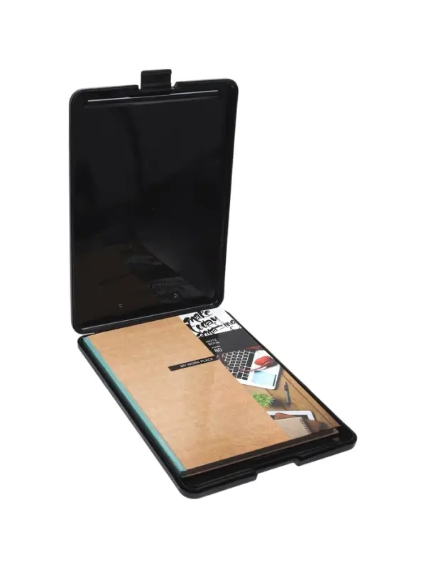 Планшет с прижимом формат А4 пластик черный, с коробкой для хранения бумаг