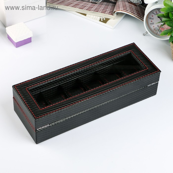 Шкатулка кожзам под часы 6 отделений Шкатулка кожзам под часы 6 отделений "Карбон с красной строчкой" 8х33х12 см