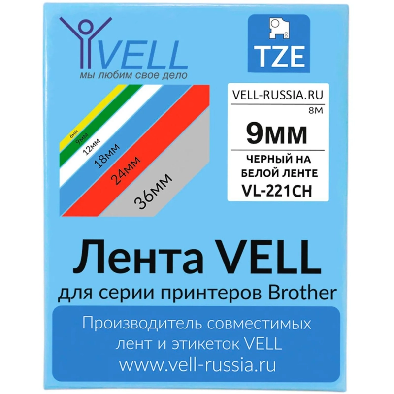 Картридж -лента&nbsp;Vell VL-221CH(с чип.9мм,чер.на бел.)для Puty {Vell-221CH