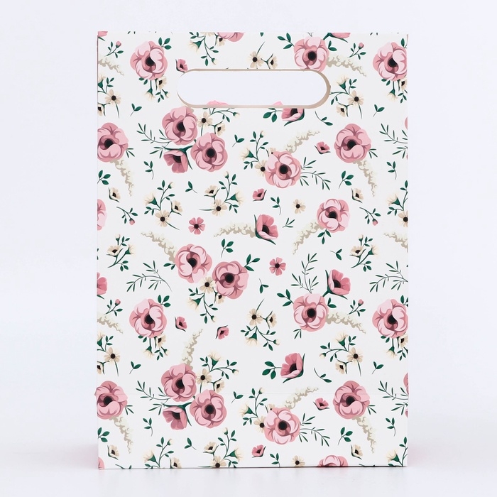 Подарочная коробка-пакет, упаковка с вырубной ручкой, Подарочная коробка-пакет, упаковка с вырубной ручкой, "Розовые цветочки" , 19 х 9 х 27 см