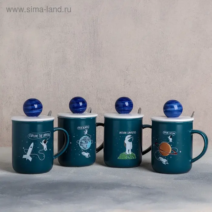 Кружка керамическая с крышкой и ложкой «Космонавт», 350 мл, рисунок МИКС Кружка керамическая с крышкой и ложкой «Космонавт», 350 мл, рисунок МИКС