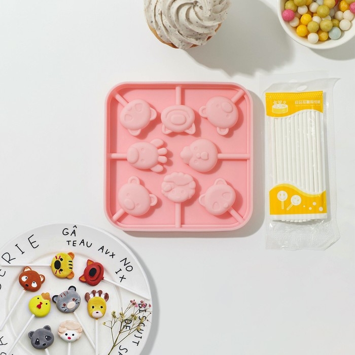 Форма для леденцов «Зверята», силикон, 14×14×1,4 см, 8 ячеек, с палочками, цвет МИКС Форма для леденцов «Зверята», силикон, 14×14×1,4 см, 8 ячеек, с палочками, цвет МИКС