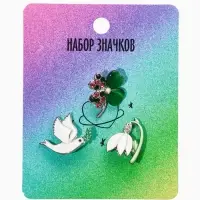 Броши &laquo;Голубь, клевер, подснежник&raquo;, набор 3 шт. разноцветный в серебре