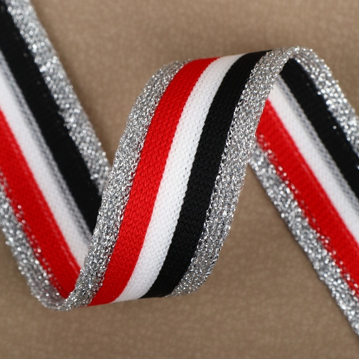 Тесьма трикотажная лампас 25 мм, 9,1 ± 0,5 м, цвет серебряный/красный/белый/чёрный