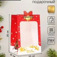 Пакет подарочный новогодний ламинированный, с окном &laquo;Рождественский звон&raquo;, тиснение, 30&times;20&times;16 см