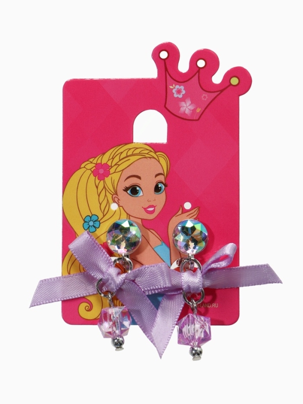 Серьги-клипсы детские  Серьги-клипсы детские "Выбражулька" сердце с бантом и кругом кристалл, цвет сиреневый