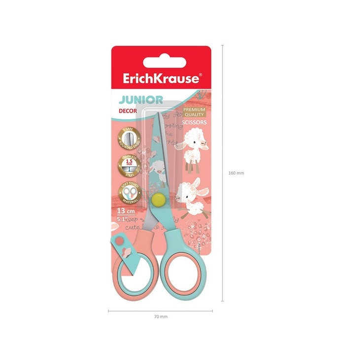 Ножницы детские 13 см, ErichKrause Junior Decor Curly Sheep, с принтом на лезвиях, закруглённые концы, блистер Ножницы детские 13 см, ErichKrause Junior Decor Curly Sheep, с принтом на лезвиях, закруглённые концы, блистер