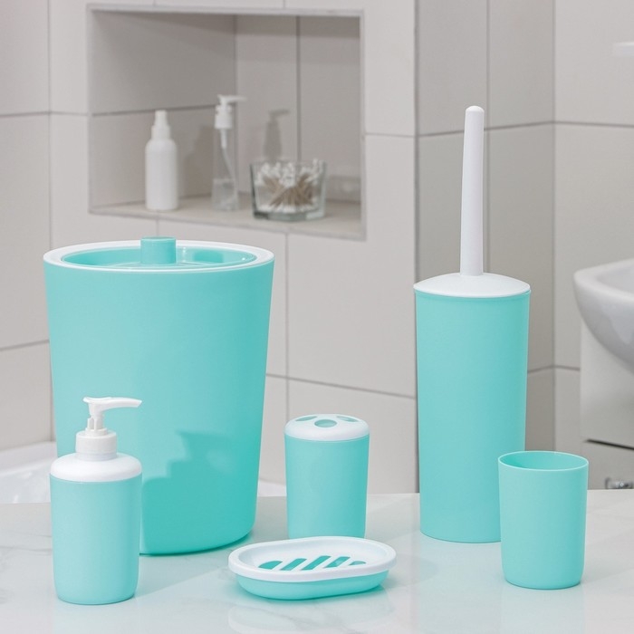 Набор аксессуаров для ванной комнаты «Лайт», 6 предметов (мыльница, дозатор, 2 стакана, ёршик, ведро), цвет бирюзовый Набор аксессуаров для ванной комнаты «Лайт», 6 предметов (мыльница, дозатор, 2 стакана, ёршик, ведро), цвет бирюзовый