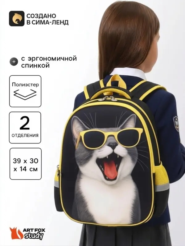 Рюкзак школьный, с эргономичной спинкой, 2 отделения &laquo;Крутой кот&raquo;