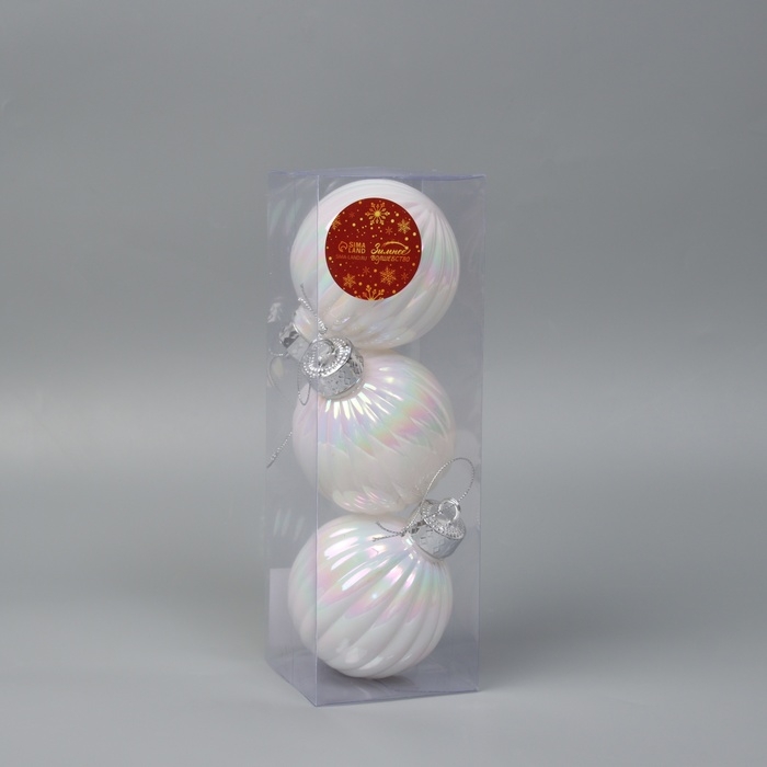 Набор шаров пластик d-8 см, 3 шт Набор шаров пластик d-8 см, 3 шт "Перелив" полоски, белый перламутр