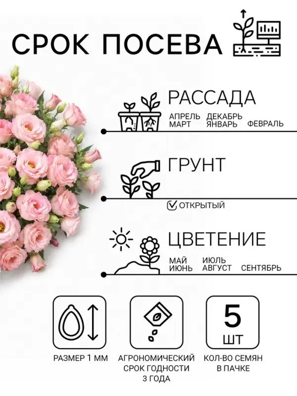 Семена цветов Эустома &laquo;ABC Мисти пинк&raquo; F1, 5 шт., &laquo;Агросидстрейд&raquo;