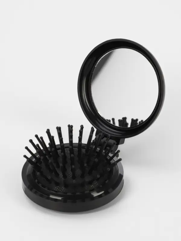 Расчёска массажная BLACK, складная, с зеркалом, d=6.5 см, МИКС
