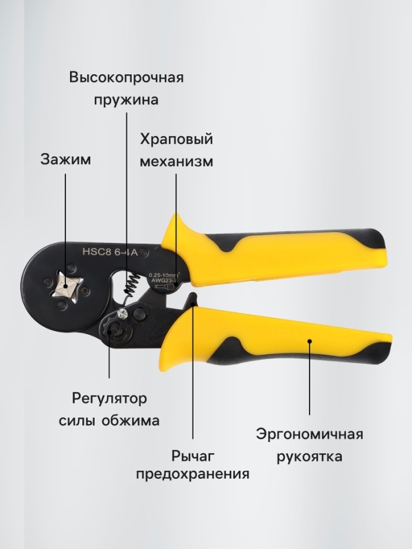 Пресс-клещи ТУНДРА, для опрессовки втулочных наконечников 0.25 - 10 мм2, 4-гран. обжим Пресс-клещи ТУНДРА, для опрессовки втулочных наконечников 0.25 - 10 мм2, 4-гран. обжим