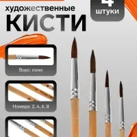 Набор кистей для рисования, пони, 4 штуки: № 2, 4, 6, 8, круглые, деревянная ручка, международный размер