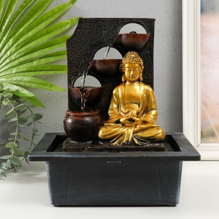 Фонтан настольный от сети, подсветка Фонтан настольный от сети, подсветка "Будда в золотом у стены с водопадом" 23х17.5х28 см