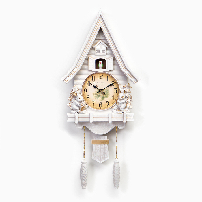 Часы настенные интерьерные большие с кукушкой  Часы настенные интерьерные большие с кукушкой "Зайчики", бесшумные, 62 х 32 см