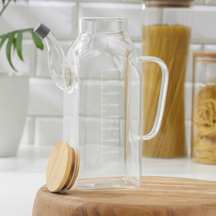 Кувшин для воды стеклянный мерный с бамбуковой крышкой «Эко», 1 л, 9×22,5 см Кувшин для воды стеклянный мерный с бамбуковой крышкой «Эко», 1 л, 9×22,5 см