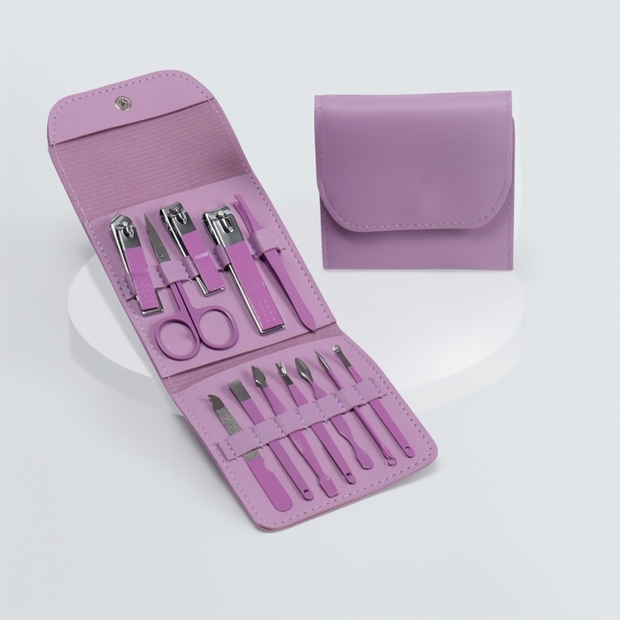 Набор маникюрный, 12 предметов, в футляре, цвет сиреневый Набор маникюрный, 12 предметов, в футляре, цвет сиреневый