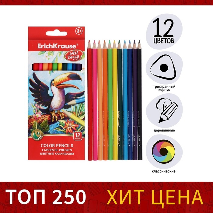 Карандаши 12 цветов ErichKrause ArtBerry премиум, дерево, трехгранные, 3.0 мм грифель, картонная упаковка, европодвес Карандаши 12 цветов ErichKrause ArtBerry премиум, дерево, трехгранные, 3.0 мм грифель, картонная упаковка, европодвес