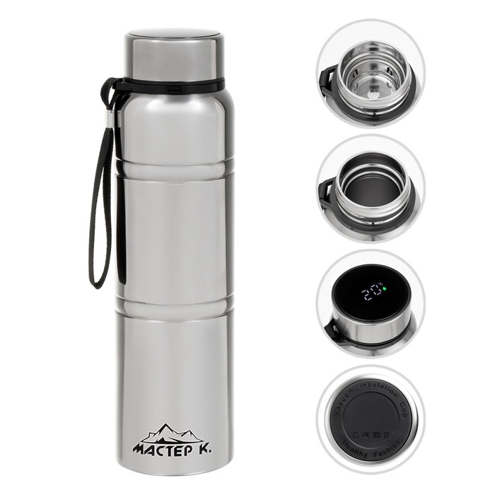 Термос, 1 л, Warm, сохраняет тепло 24 ч, с ситечком, с датчиком температуры, хром Термос, 1 л, Warm, сохраняет тепло 24 ч, с ситечком, с датчиком температуры, хром