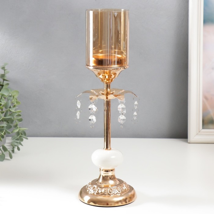 Подсвечник металл на 1 свечу Подсвечник металл на 1 свечу "Цветок с кристаллами" золото, белый 37х11х11 см